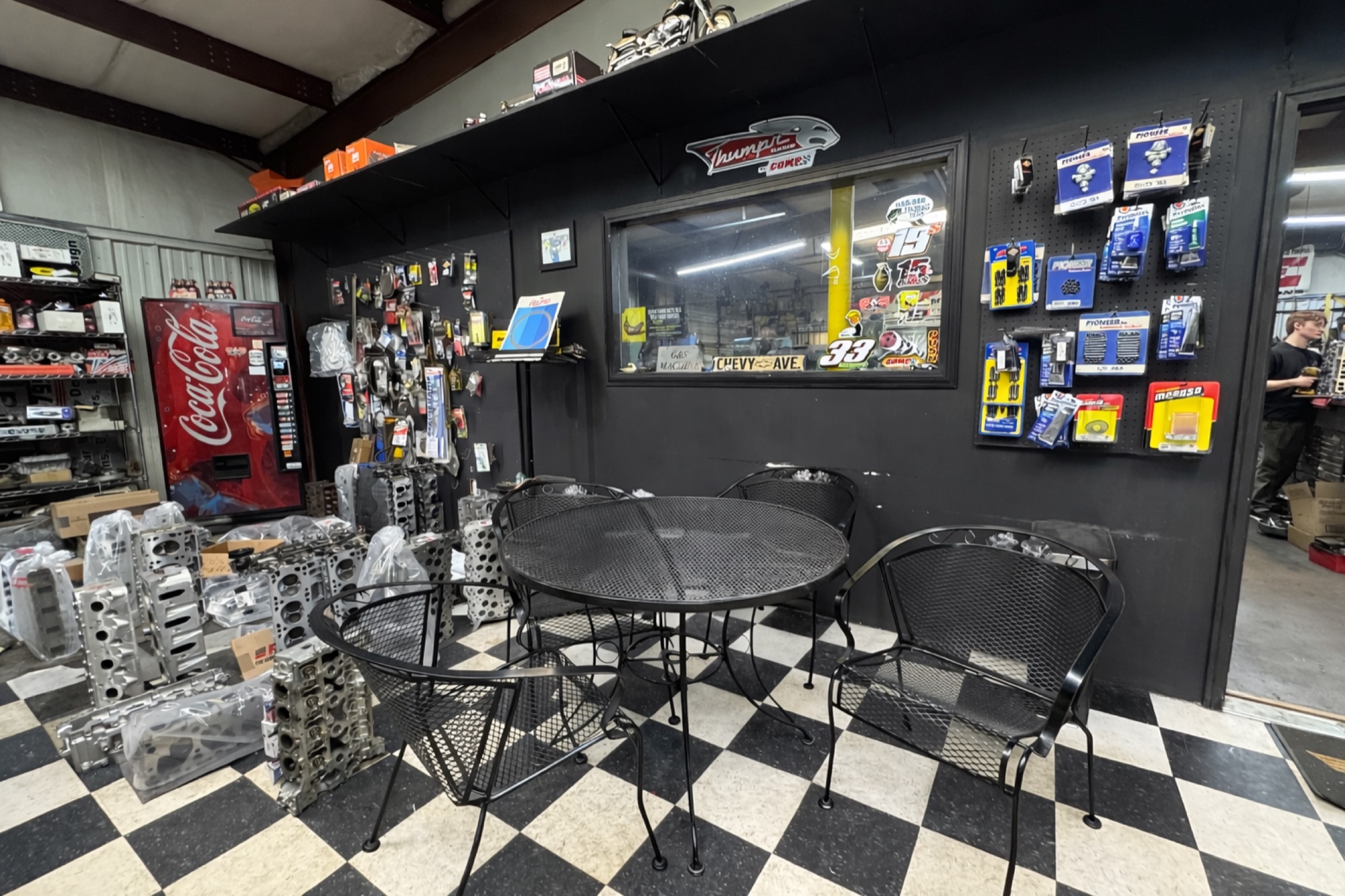Lobby seating area where customers wait and discuss engine work and services